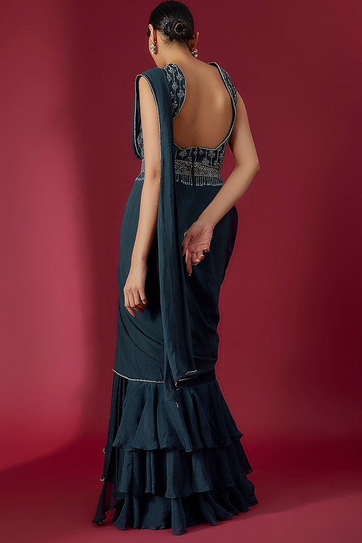Teal Blue Chiffon & Organza Hand Embroidered Ruffled Party Wear Saree Set by Charu & Vasundhara at Pernia's Pop Up Shop