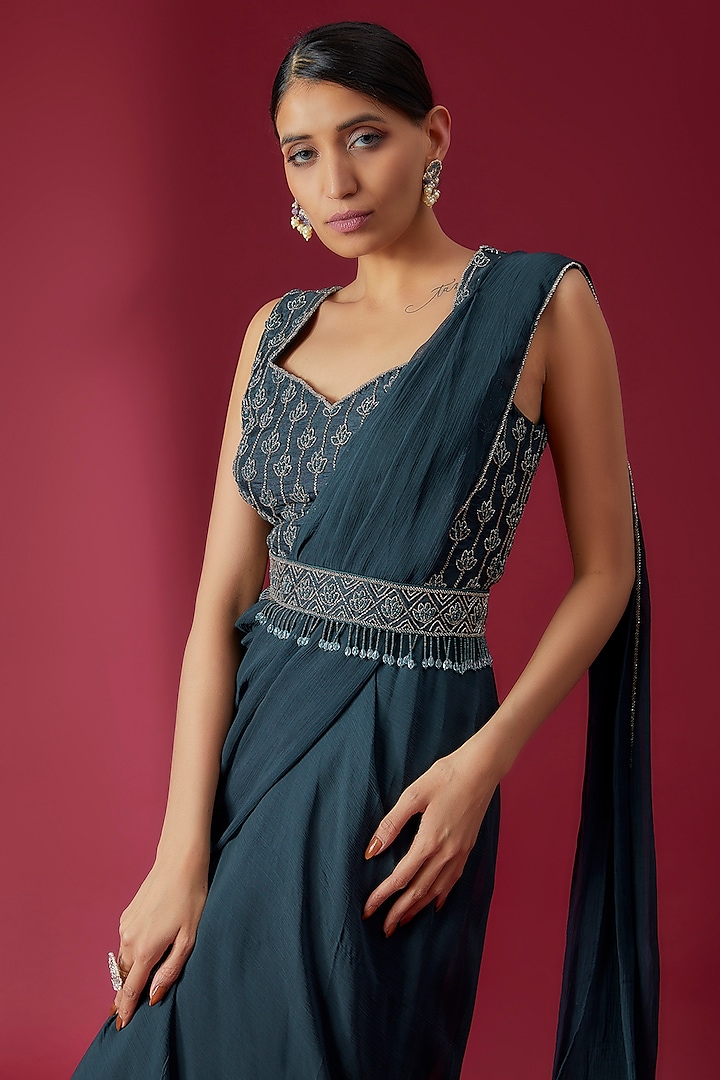 Teal Blue Chiffon & Organza Hand Embroidered Ruffled Party Wear Saree Set by Charu & Vasundhara at Pernia's Pop Up Shop