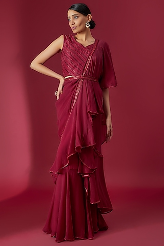 Burgundy Chiffon & Organza Hand Embroidered Pre-Draped Saree Set by Charu & Vasundhara