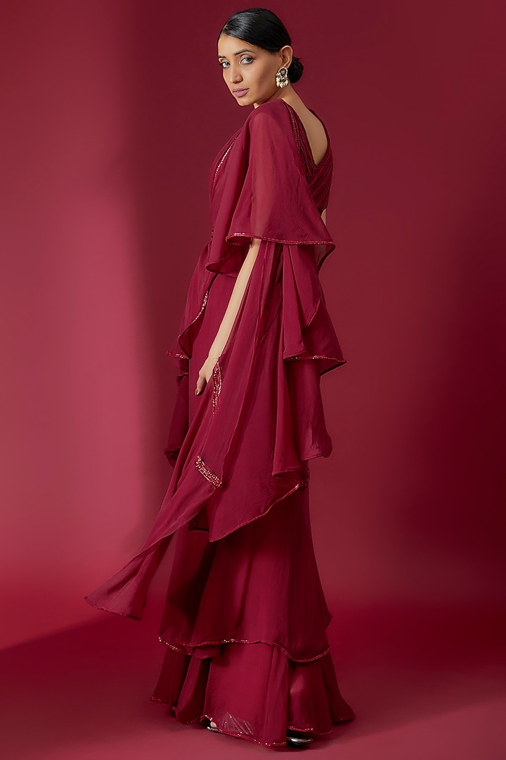 Burgundy Chiffon & Organza Hand Embroidered Pre-Draped Wedding Saree Set by Charu & Vasundhara at Pernia's Pop Up Shop