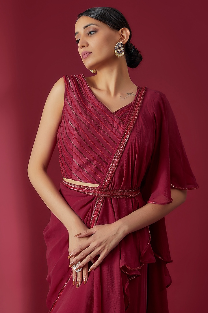 Burgundy Chiffon & Organza Hand Embroidered Pre-Draped Wedding Saree Set by Charu & Vasundhara at Pernia's Pop Up Shop