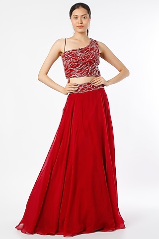 Red Viscose Organza Lehenga Set by Charu & Vasundhara