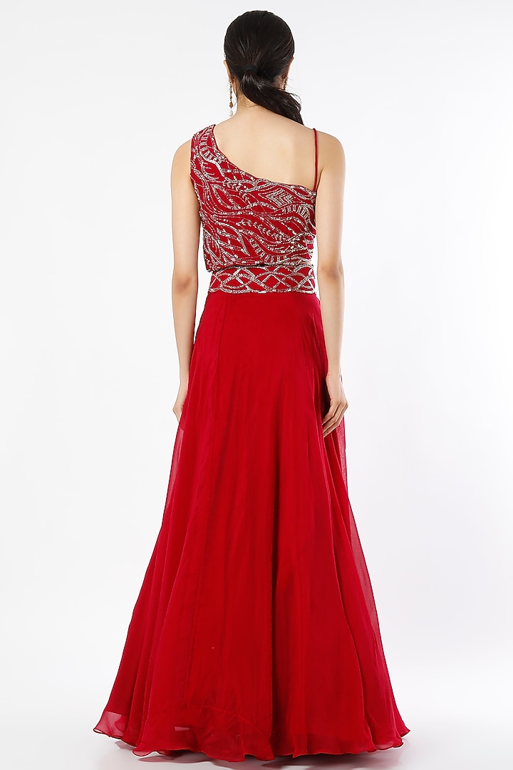 Red Viscose Organza Lehenga Set by Charu & Vasundhara at Pernia's Pop Up Shop