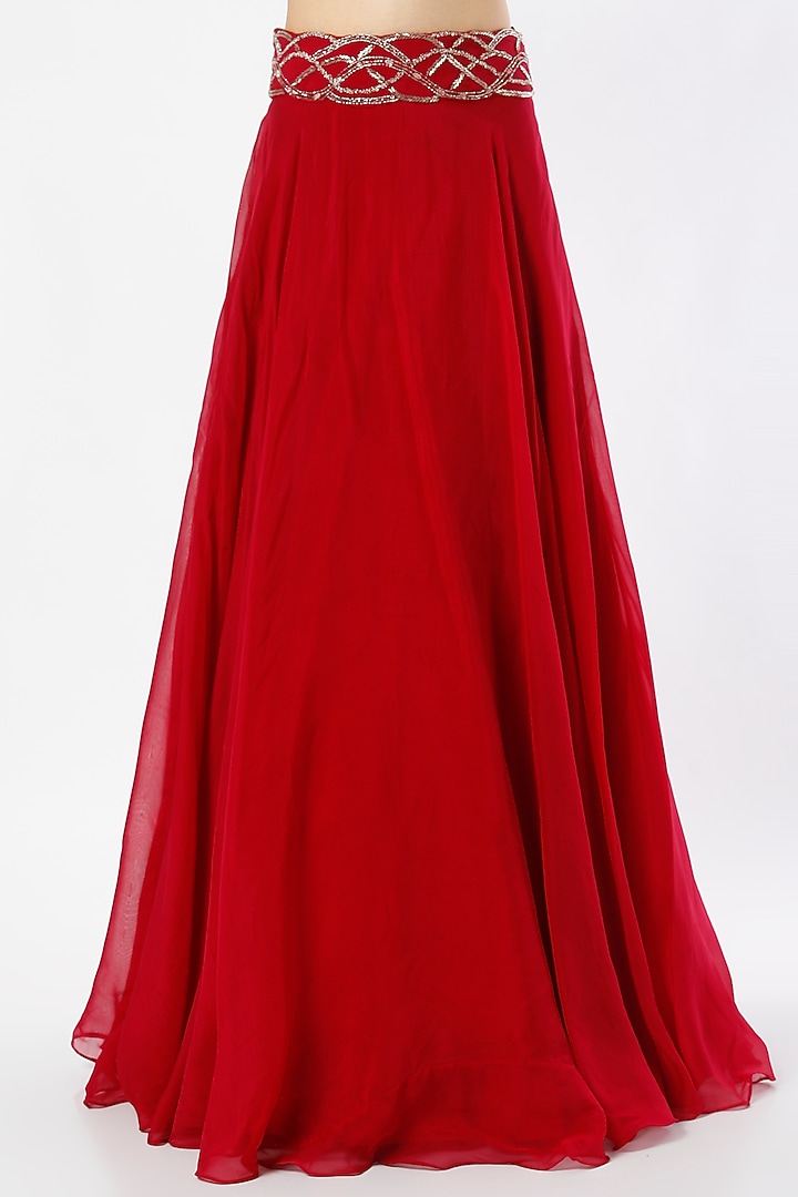 Red Viscose Organza Lehenga Set by Charu & Vasundhara at Pernia's Pop Up Shop