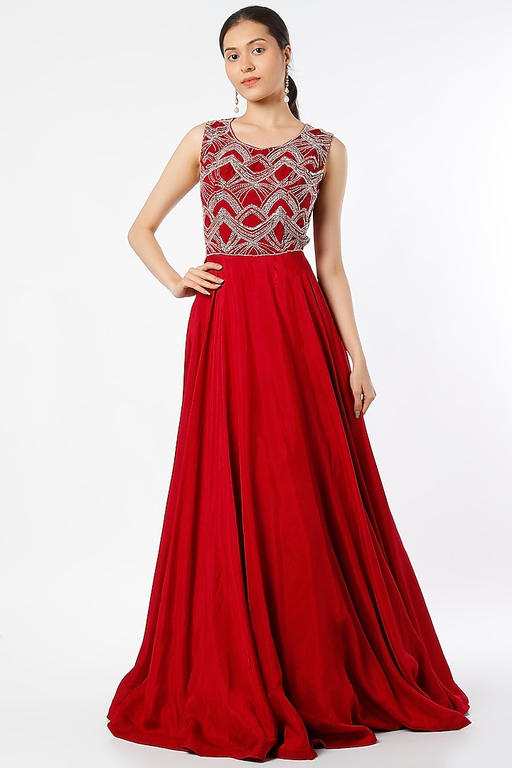 Red Embroidered Gown by Charu & Vasundhara