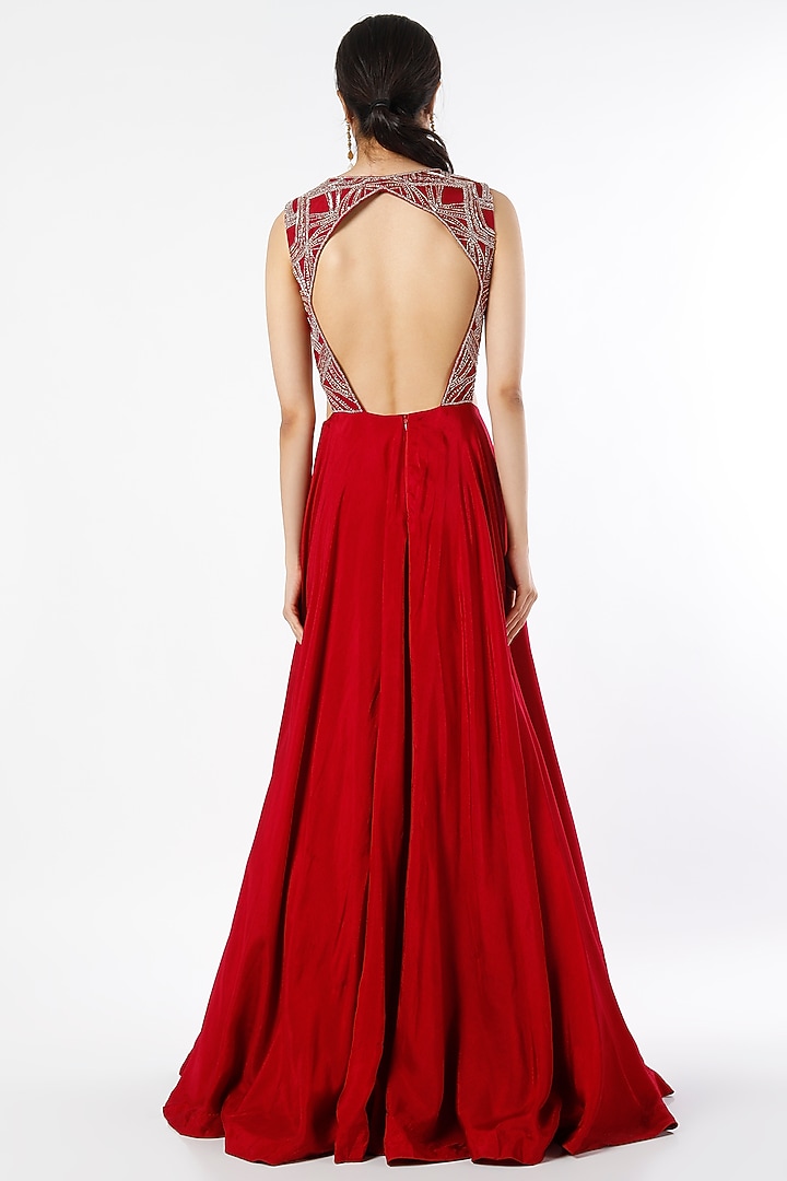 Red Embroidered Party Wear Gown by Charu & Vasundhara at Pernia's Pop Up Shop