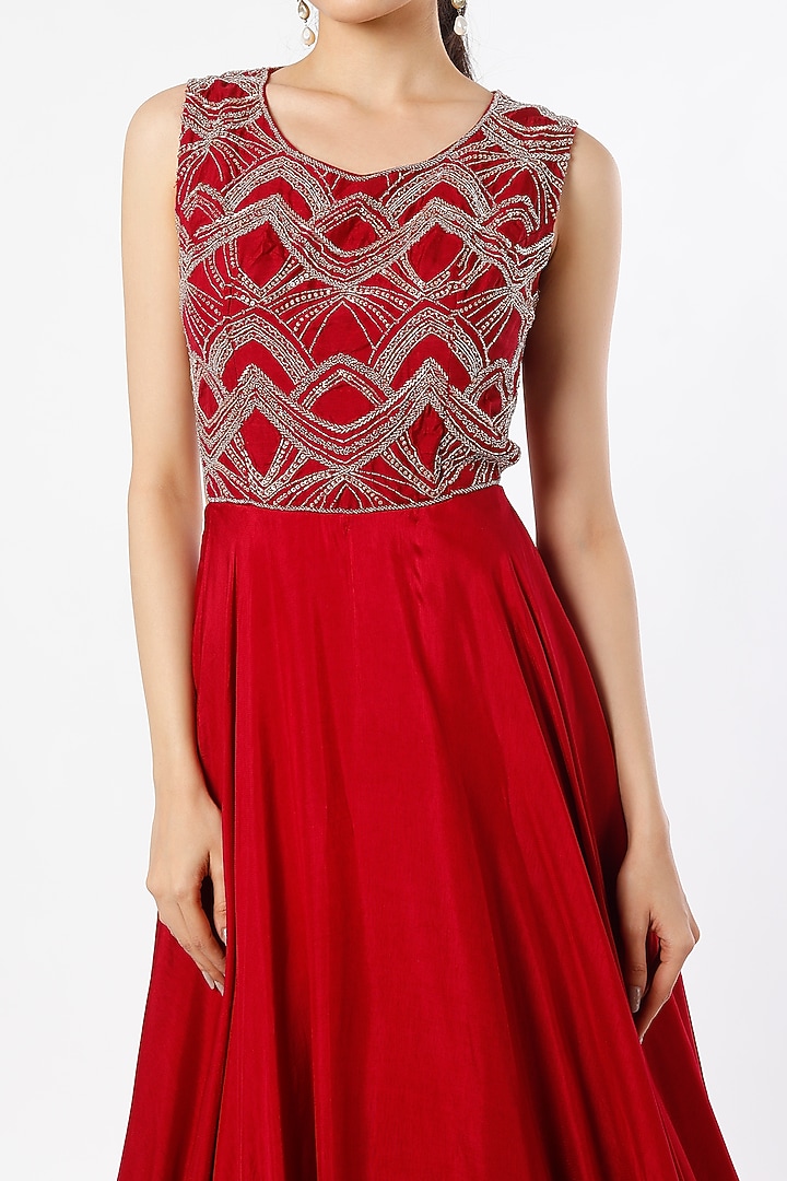 Red Embroidered Party Wear Gown by Charu & Vasundhara at Pernia's Pop Up Shop