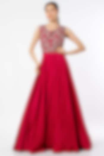 Cherry Pink Embroidered Party Wear Gown by Charu & Vasundhara at Pernia's Pop Up Shop