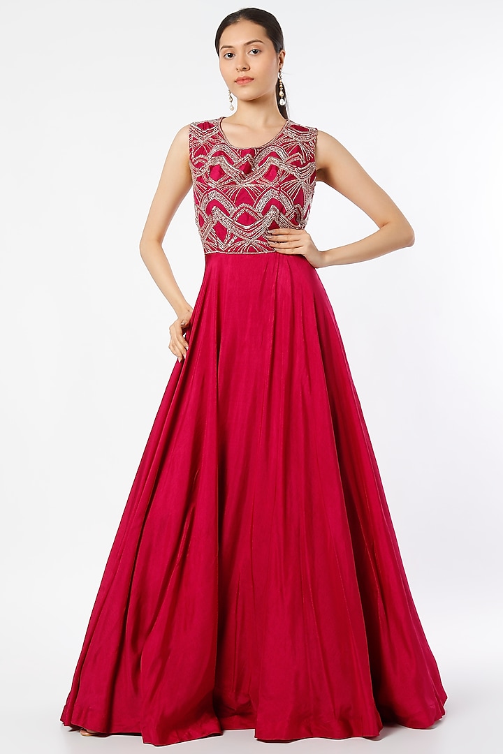 Cherry Pink Embroidered Gown by Charu & Vasundhara