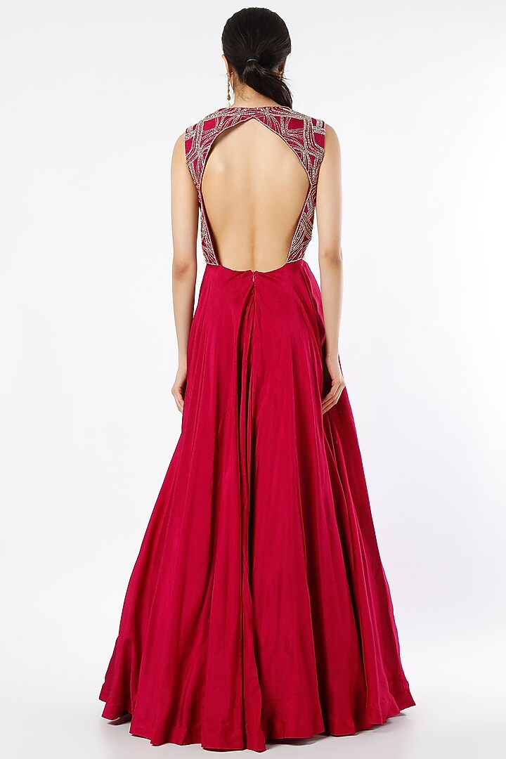 Cherry Pink Embroidered Party Wear Gown by Charu & Vasundhara at Pernia's Pop Up Shop