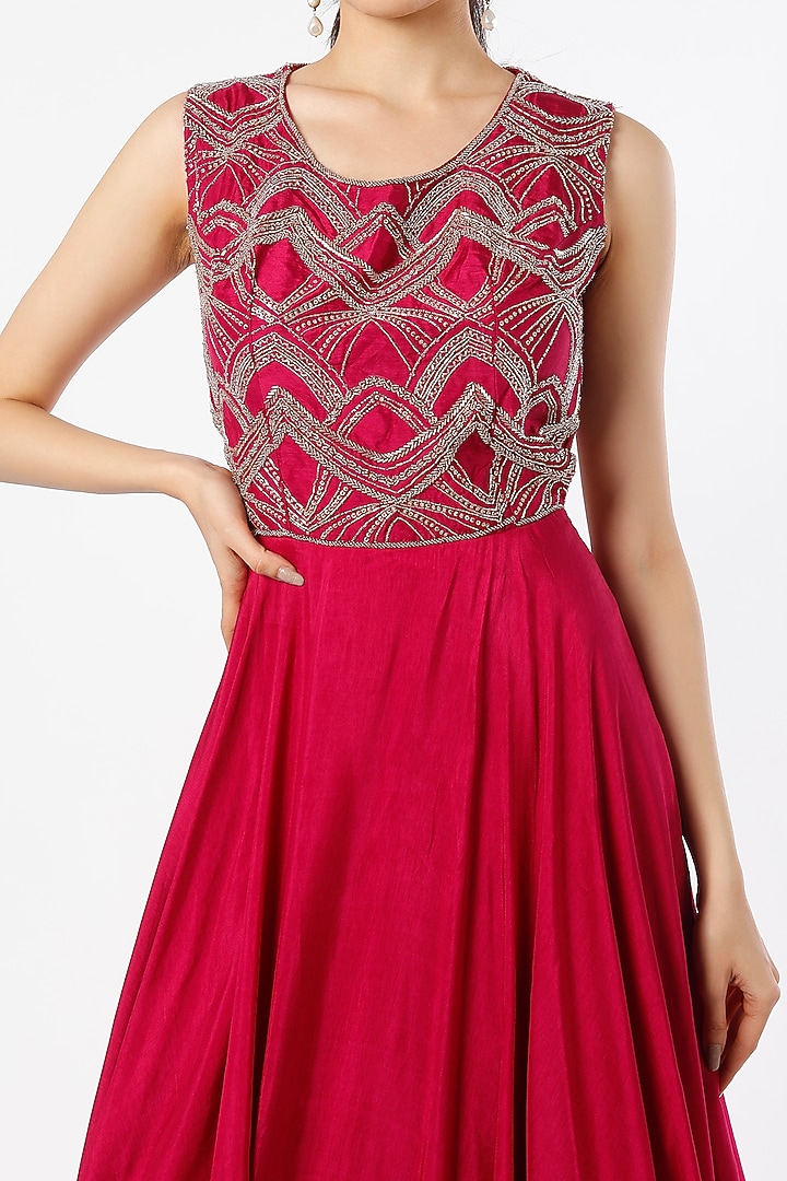 Cherry Pink Embroidered Party Wear Gown by Charu & Vasundhara at Pernia's Pop Up Shop