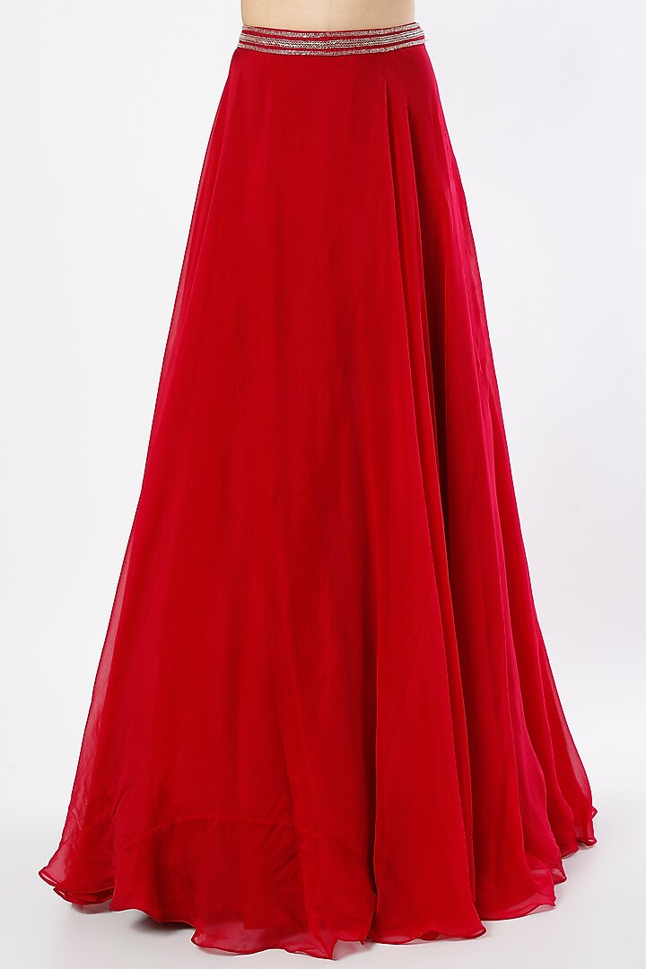 Red Viscose Organza Jacket Wedding Lehenga Set by Charu & Vasundhara at Pernia's Pop Up Shop