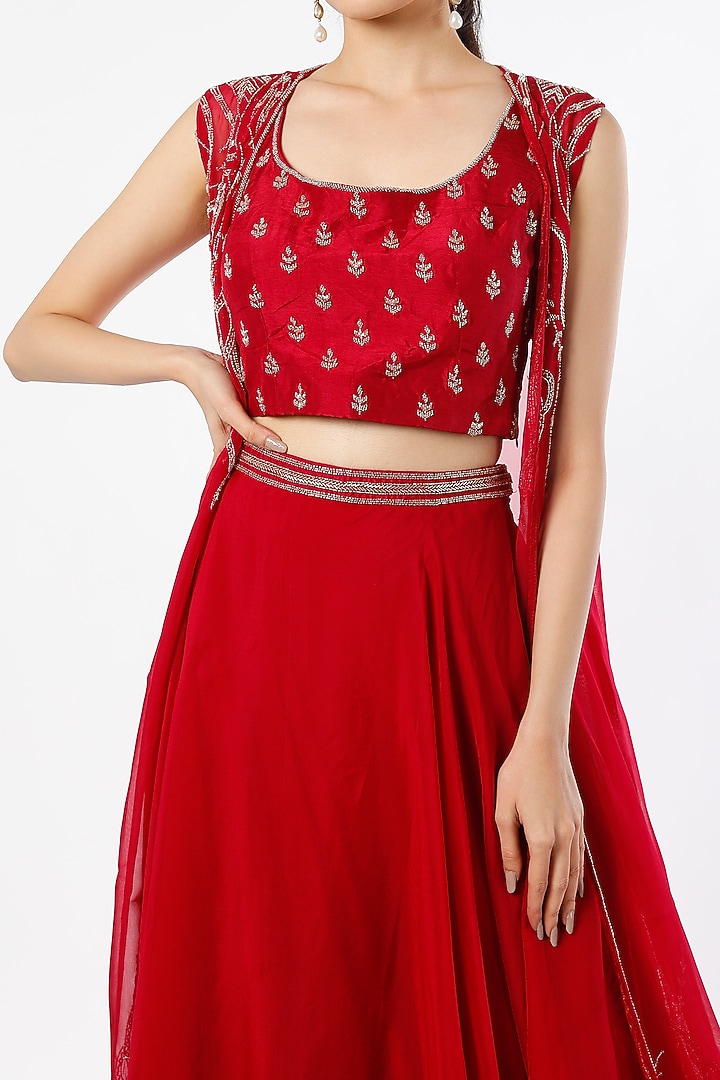Red Viscose Organza Jacket Wedding Lehenga Set by Charu & Vasundhara at Pernia's Pop Up Shop