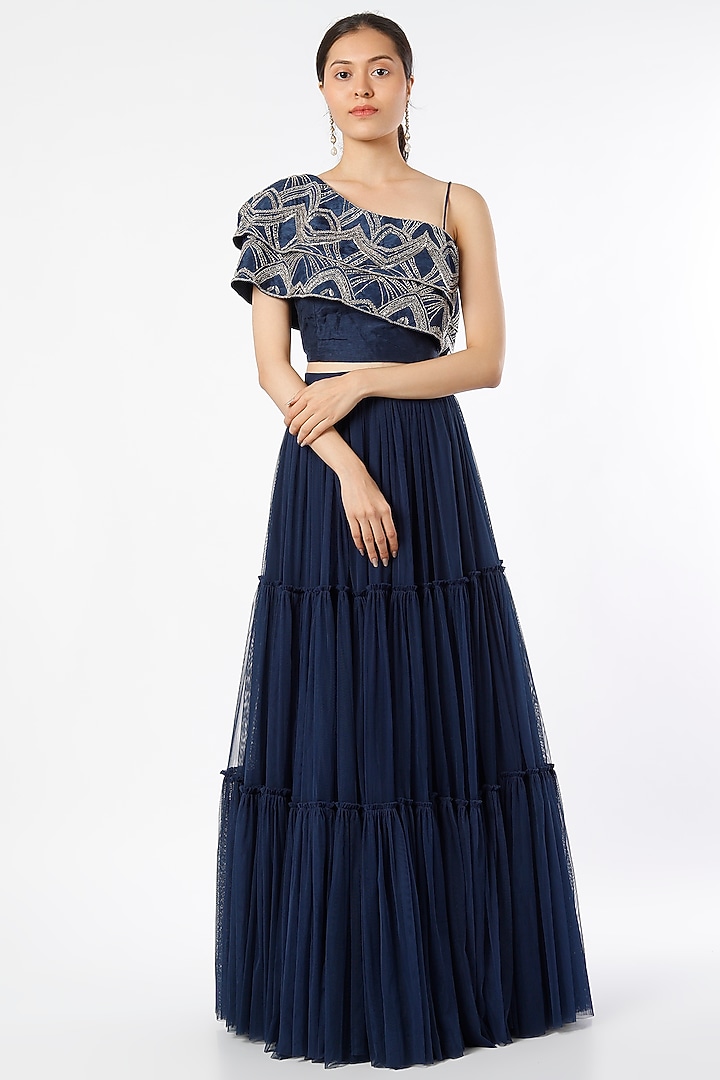 Blue Gathered Lehenga Set by Charu & Vasundhara at Pernia's Pop Up Shop