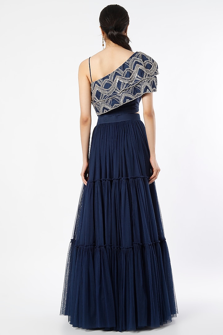 Blue Gathered Lehenga Set by Charu & Vasundhara at Pernia's Pop Up Shop