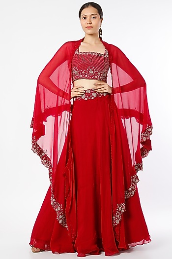 Red Viscose Organza Wedding Lehenga Set by Charu & Vasundhara at Pernia's Pop Up Shop