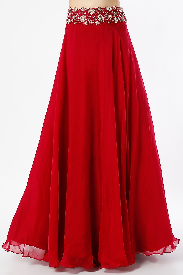Red Viscose Organza Wedding Lehenga Set by Charu & Vasundhara at Pernia's Pop Up Shop