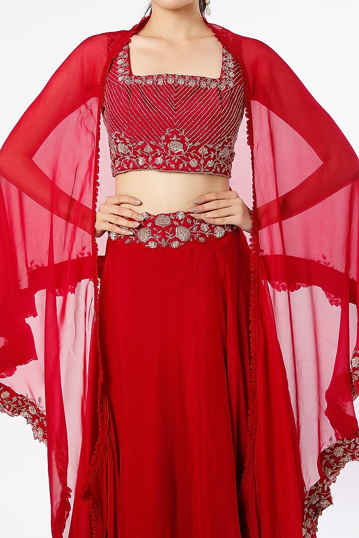 Red Viscose Organza Wedding Lehenga Set by Charu & Vasundhara at Pernia's Pop Up Shop