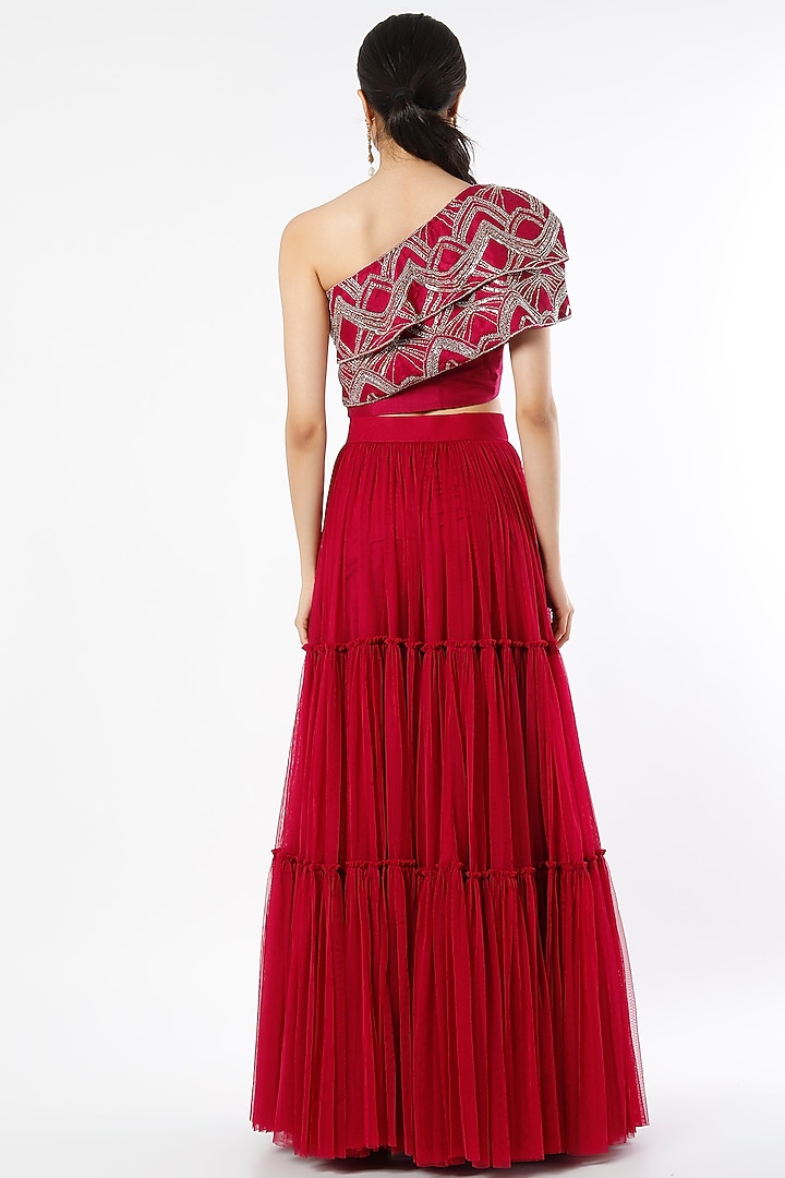 Red Gathered Lehenga Set by Charu & Vasundhara at Pernia's Pop Up Shop