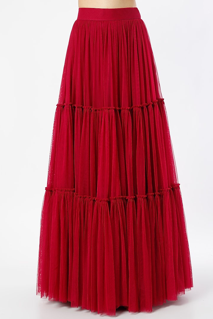 Red Gathered Lehenga Set by Charu & Vasundhara at Pernia's Pop Up Shop