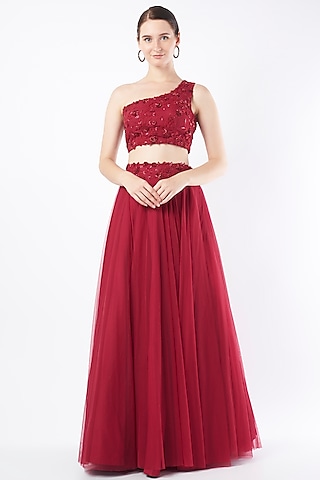 Burgundy Floral Hand Embroidered Lehenga Set by Charu & Vasundhara