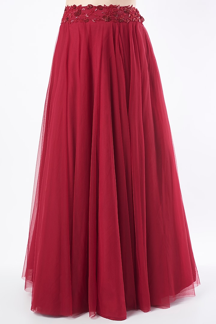 Burgundy Floral Hand Embroidered Lehenga Set by Charu & Vasundhara at Pernia's Pop Up Shop