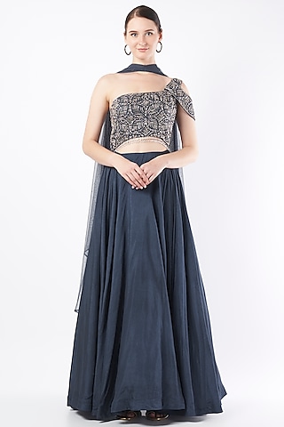 Medieval Blue Hand Embroidered Lehenga Set by Charu & Vasundhara