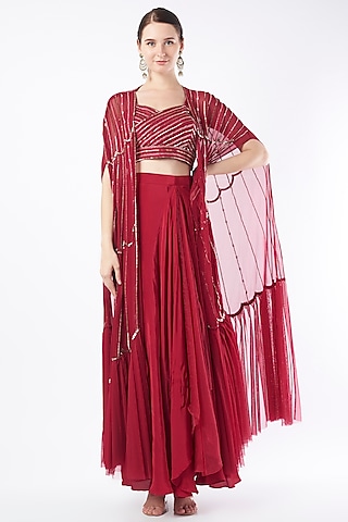 Burgundy Hand Embroidered Lehenga Set by Charu & Vasundhara