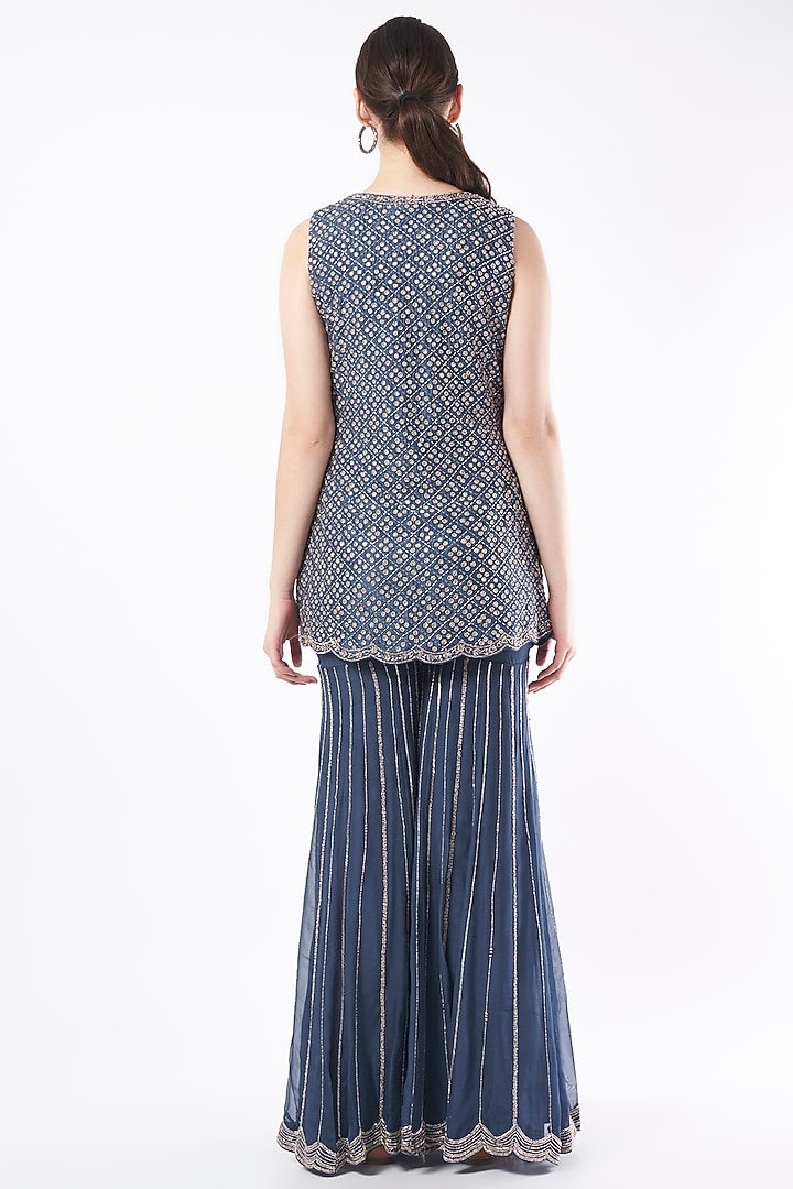 Blue Hand Embroidered Wedding Sharara Set by Charu & Vasundhara at Pernia's Pop Up Shop