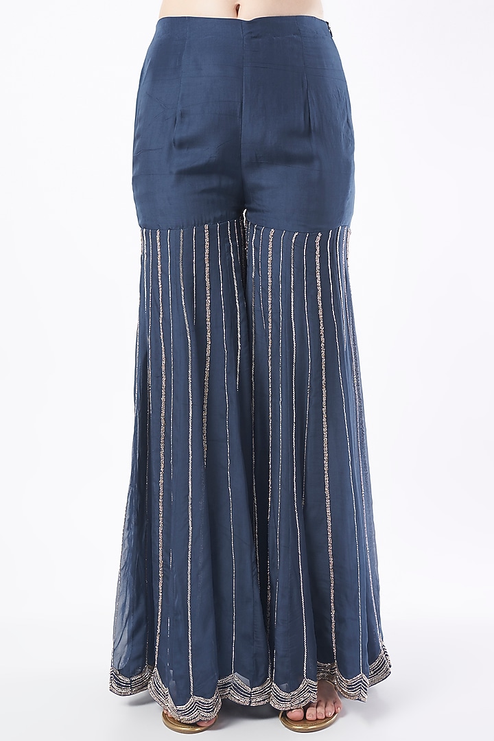 Blue Hand Embroidered Wedding Sharara Set by Charu & Vasundhara at Pernia's Pop Up Shop
