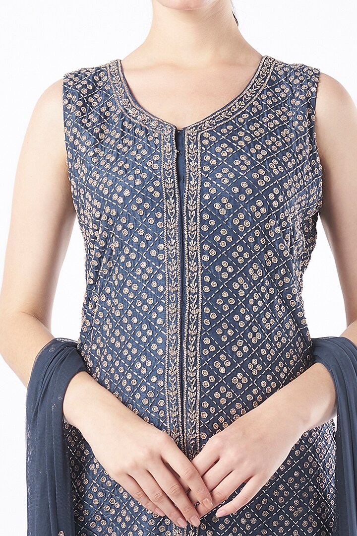 Blue Hand Embroidered Wedding Sharara Set by Charu & Vasundhara at Pernia's Pop Up Shop
