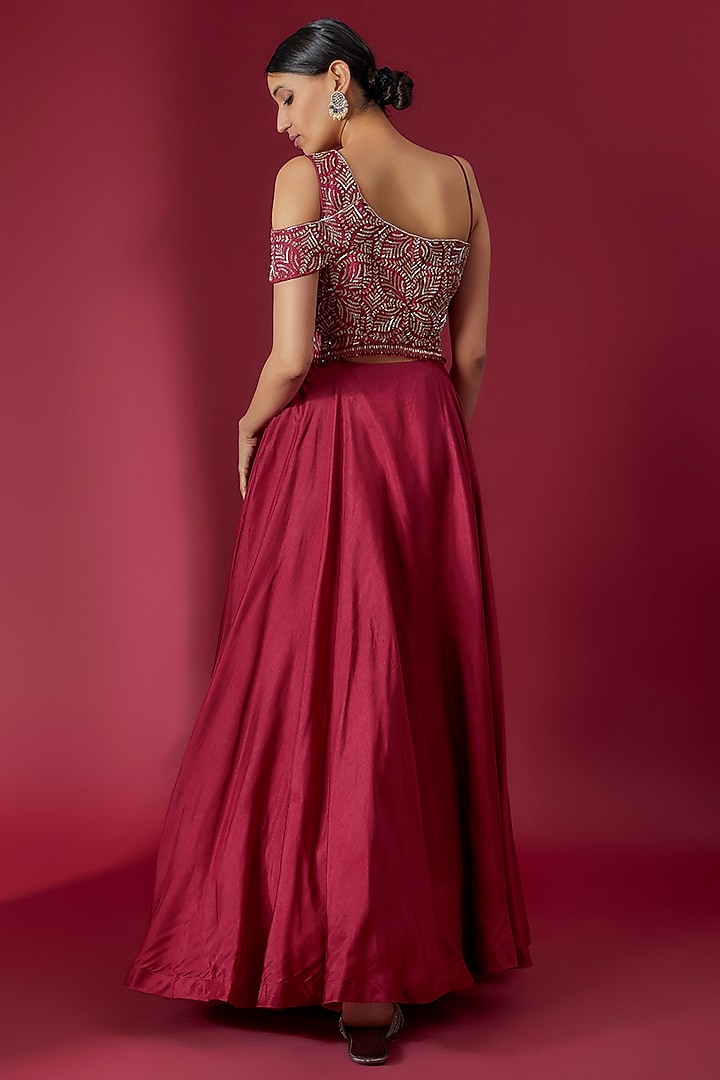 Burgundy Tussar & Net Hand Embroidered Party Wear Gown by Charu & Vasundhara at Pernia's Pop Up Shop