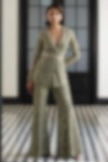 Sage Green Taffeta Tussar Viscose Organza Embroidered Blazer Set by Charu & Vasundhara at Pernia's Pop Up Shop