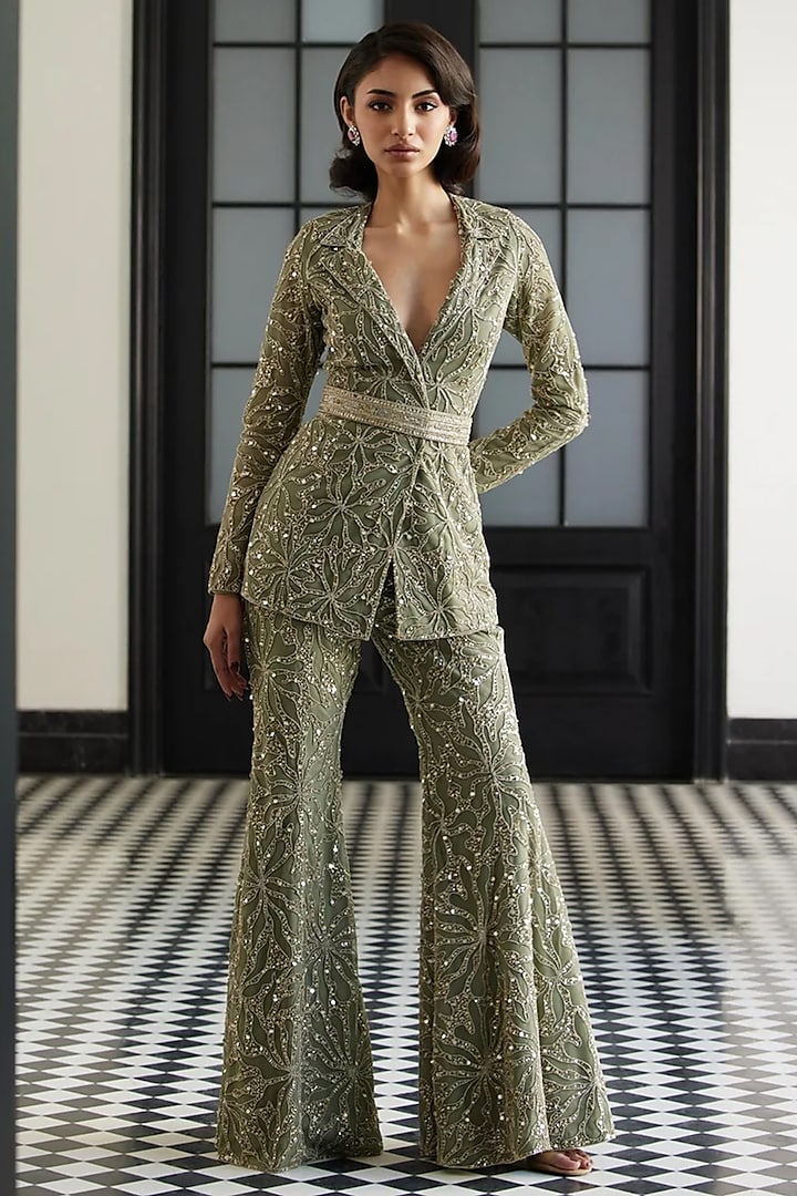 Sage Green Taffeta Tussar Viscose Organza Embroidered Blazer Set by Charu & Vasundhara at Pernia's Pop Up Shop