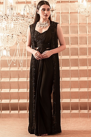 Black Hand Embroidered Saree Set by Charu & Vasundhara