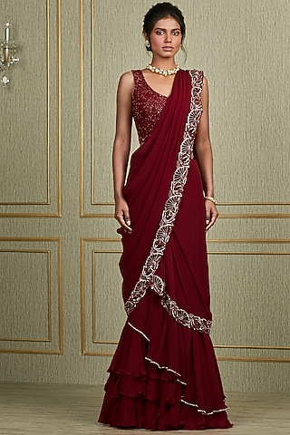 Oxblood Red Hand Embroidered Saree Set by Charu & Vasundhara