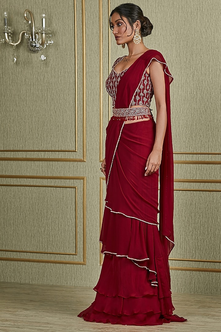 Oxblood Red Hand Embroidered Saree Set With Belt by Charu & Vasundhara