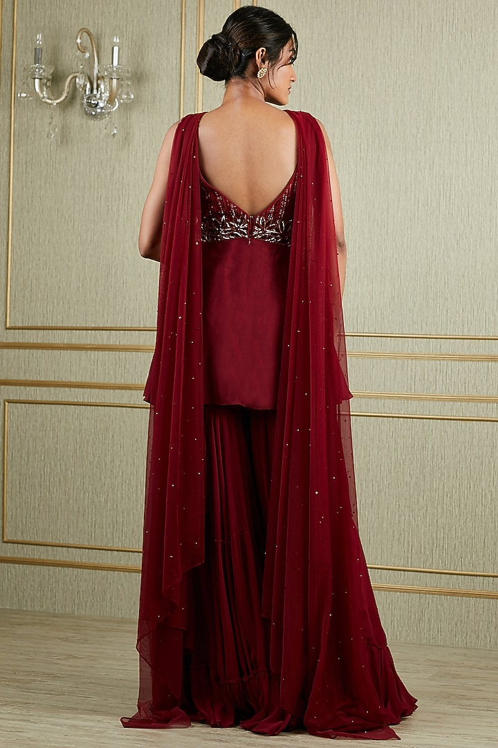 Oxblood Red Hand Embroidered Party Wear Sharara Set by Charu & Vasundhara at Pernia's Pop Up Shop