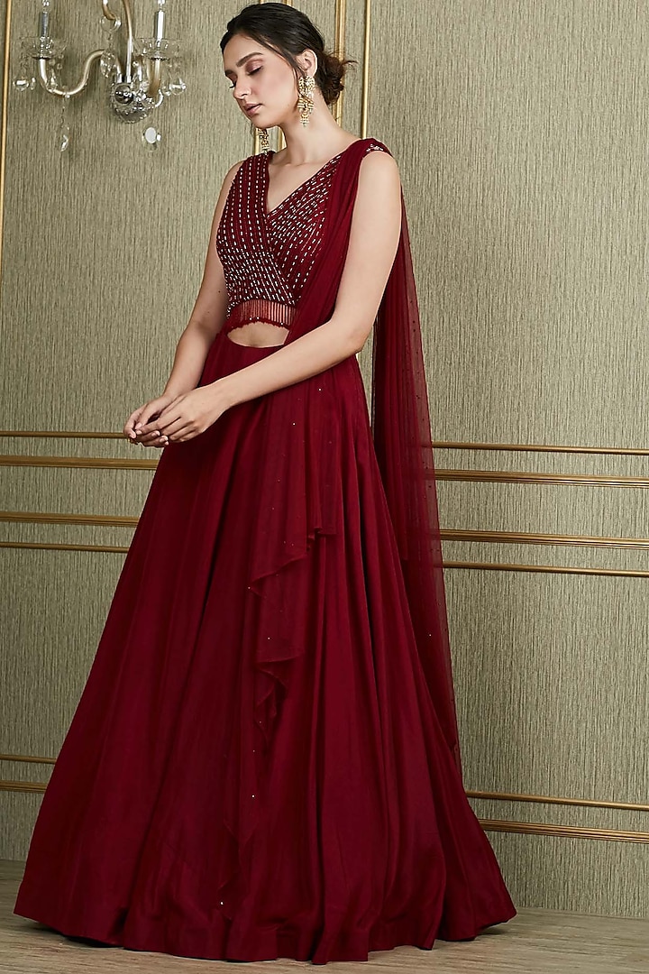 Red Hand Embroidered Gown With Dupatta by Charu & Vasundhara