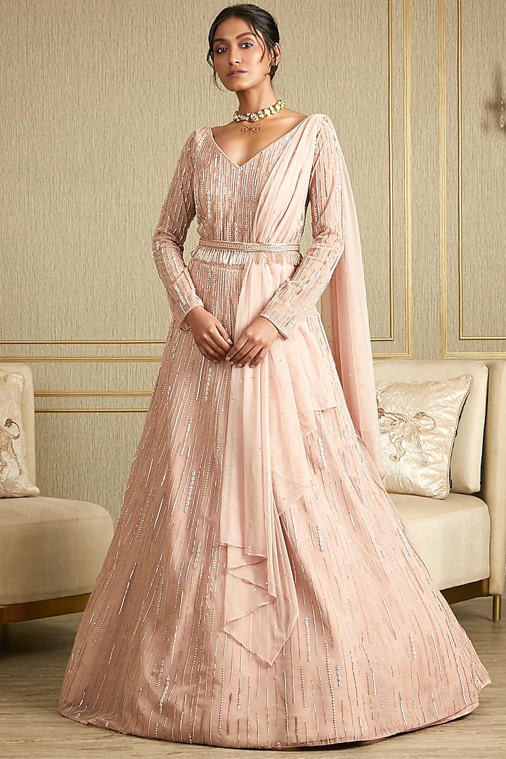 Blush Pink Hand Embroidered Gown With Dupatta by Charu & Vasundhara