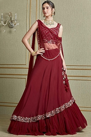 Oxblood Hand Embroidered Lehenga Set by Charu & Vasundhara