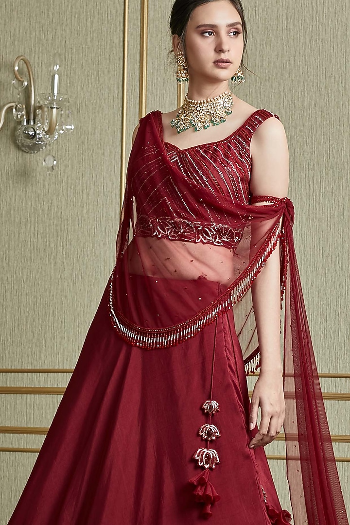 Oxblood Hand Embroidered Wedding Lehenga Set by Charu & Vasundhara at Pernia's Pop Up Shop
