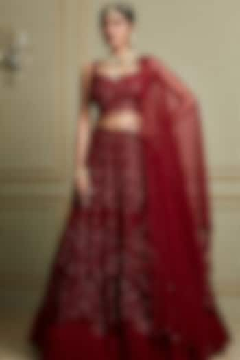 Blood Red Hand Embroidered Wedding Lehenga Set by Charu & Vasundhara at Pernia's Pop Up Shop