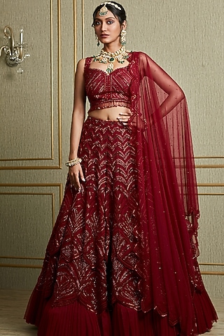 Blood Red Hand Embroidered Lehenga Set by Charu & Vasundhara