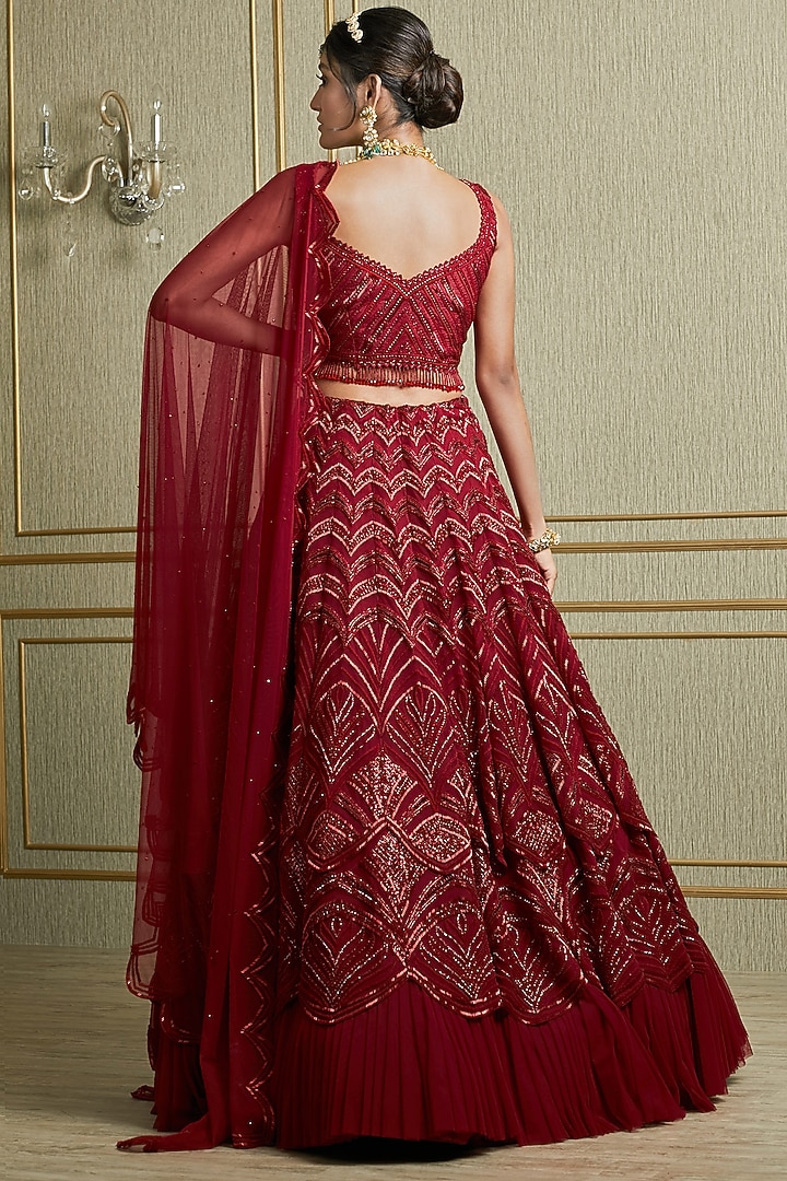Blood Red Hand Embroidered Wedding Lehenga Set by Charu & Vasundhara at Pernia's Pop Up Shop