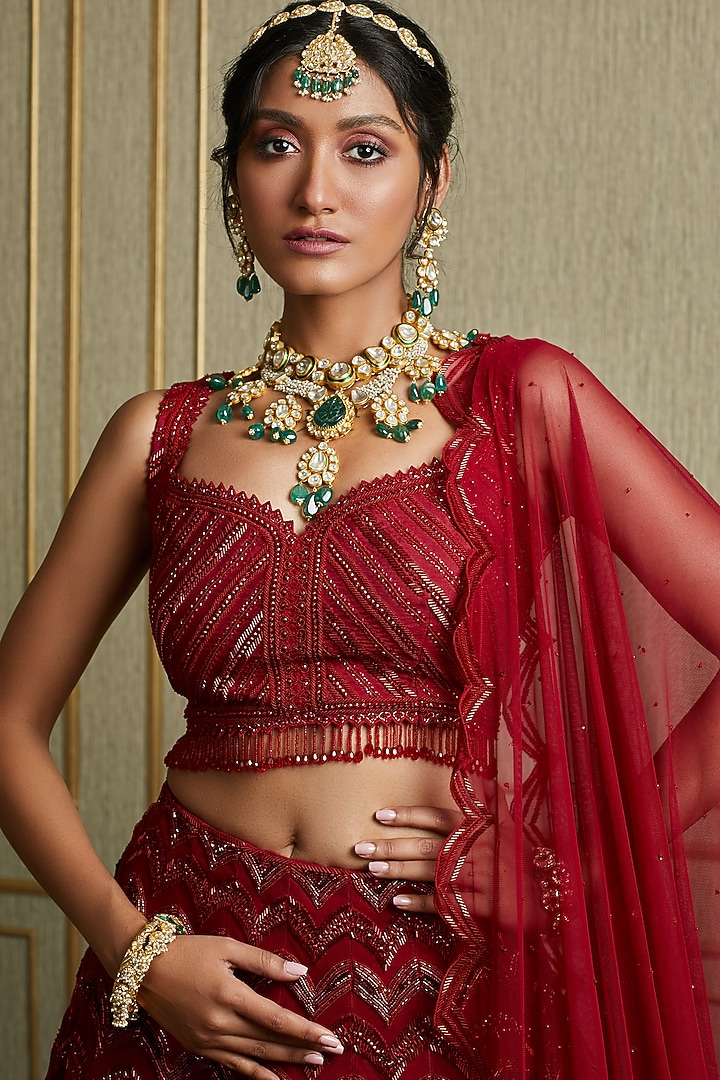 Blood Red Hand Embroidered Wedding Lehenga Set by Charu & Vasundhara at Pernia's Pop Up Shop