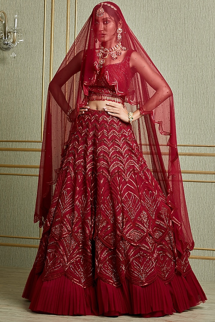 Blood Red Hand Embroidered Wedding Lehenga Set by Charu & Vasundhara at Pernia's Pop Up Shop