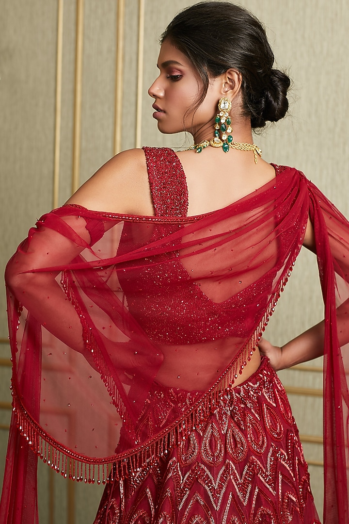 Red Hand Embroidered Wedding Lehenga Set by Charu & Vasundhara at Pernia's Pop Up Shop