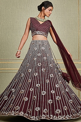 Plum Lotus Hand Embroidered Lehenga Set by Charu & Vasundhara