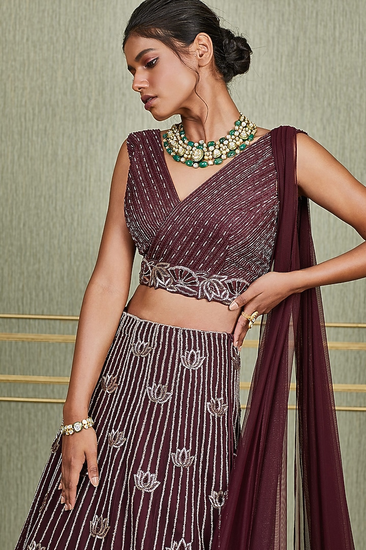 Plum Lotus Hand Embroidered Wedding Lehenga Set by Charu & Vasundhara at Pernia's Pop Up Shop